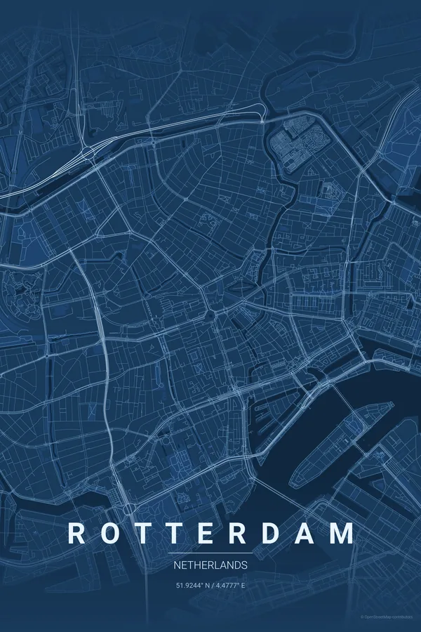 Rotterdam map poster in the Blueprint palette