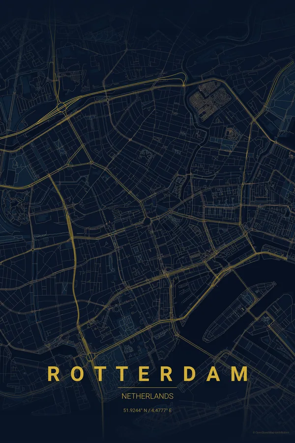 Rotterdam map poster in the Midnight Blue theme