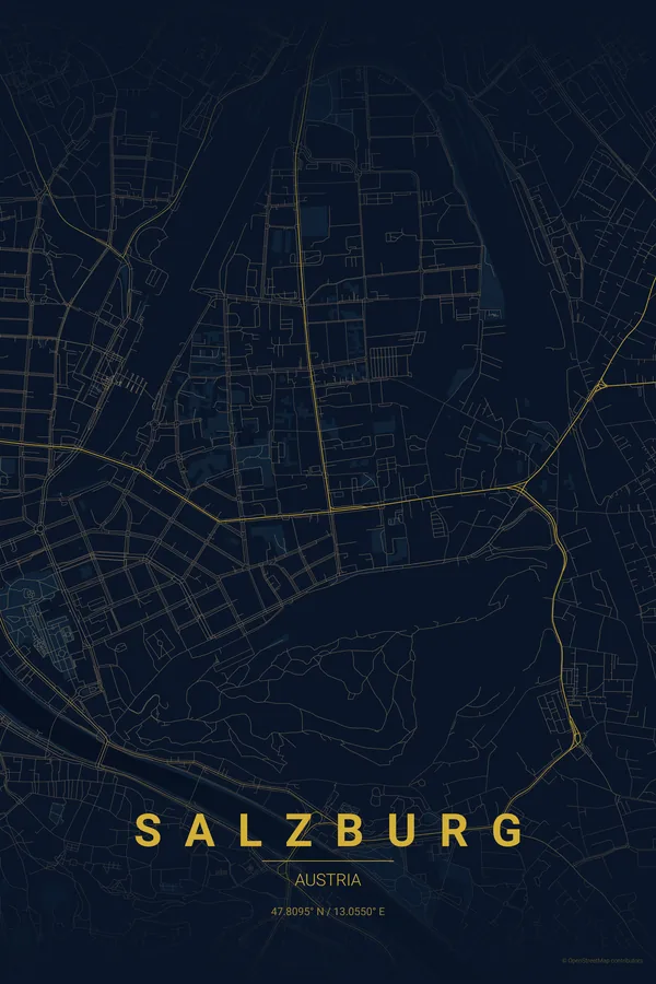 Salzburg map poster in the Midnight Blue theme