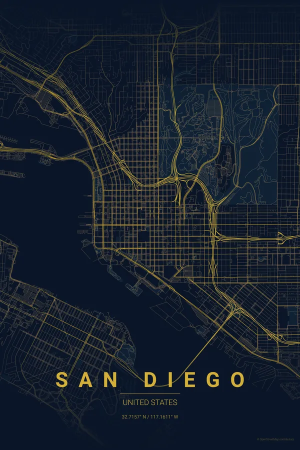 San Diego map poster in the Midnight Blue theme