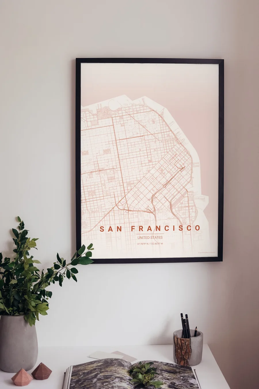 San Francisco map poster framed on a living-room wall