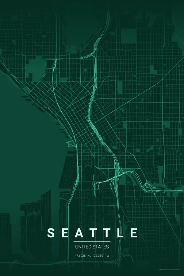 Seattle map poster in the Emerald City theme