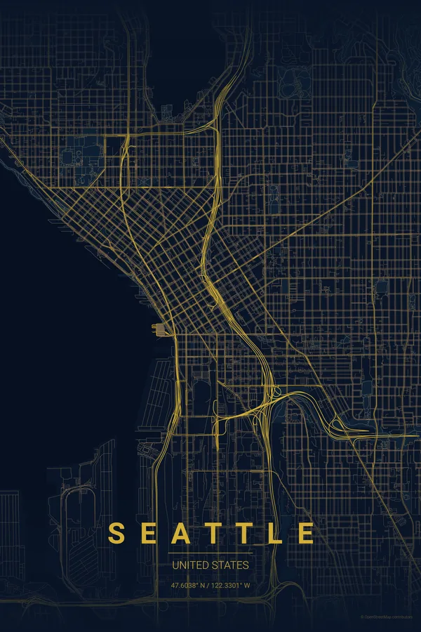 Seattle map poster in the Midnight Blue theme