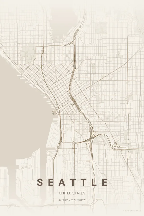 Seattle map poster in the Warm Beige theme