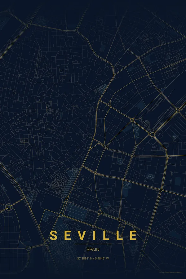 Seville map poster in the Midnight Blue theme