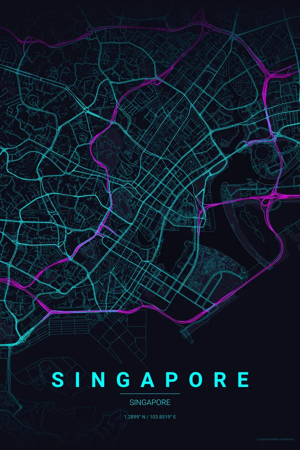 Singapore map poster in the Neon Cyberpunk palette