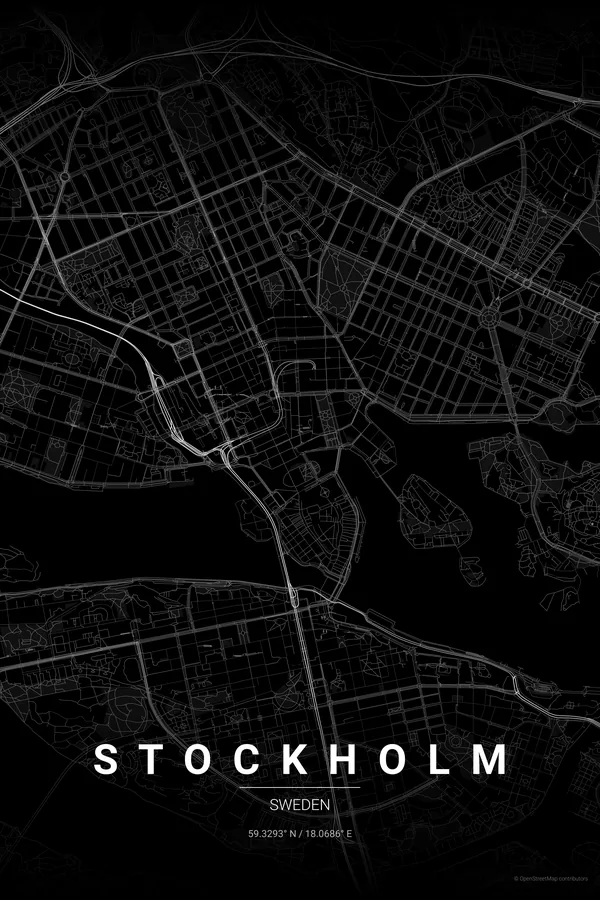 Stockholm map poster in the Noir theme
