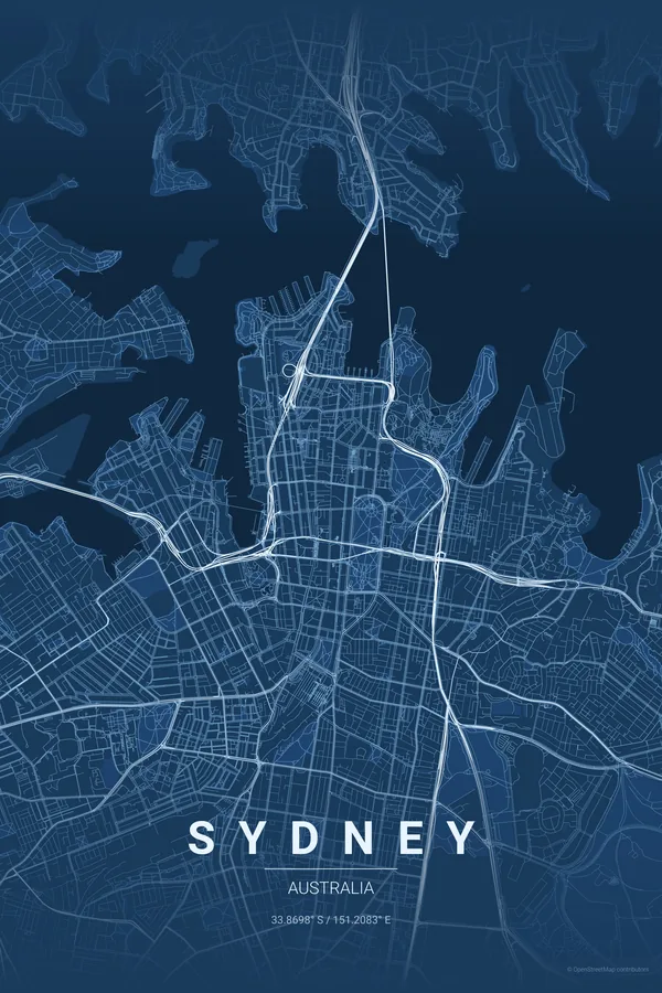 Sydney map poster in the Blueprint theme
