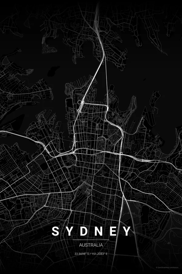 Sydney map poster in the Noir theme