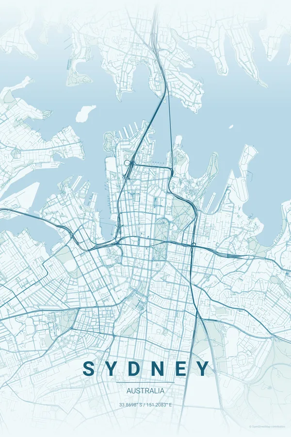 Sydney map poster in the Ocean palette