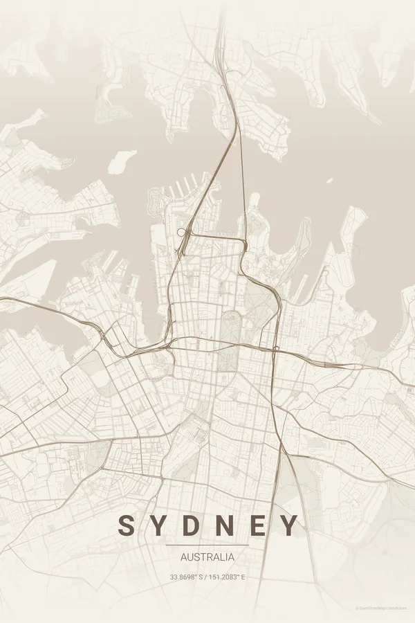 Sydney map poster in the Warm Beige theme