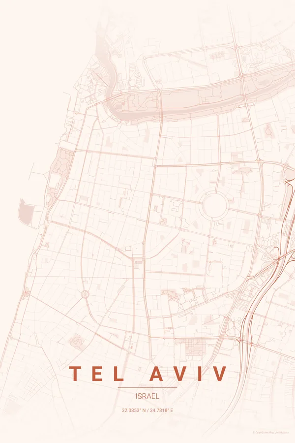 Tel Aviv map poster in the Sunset palette