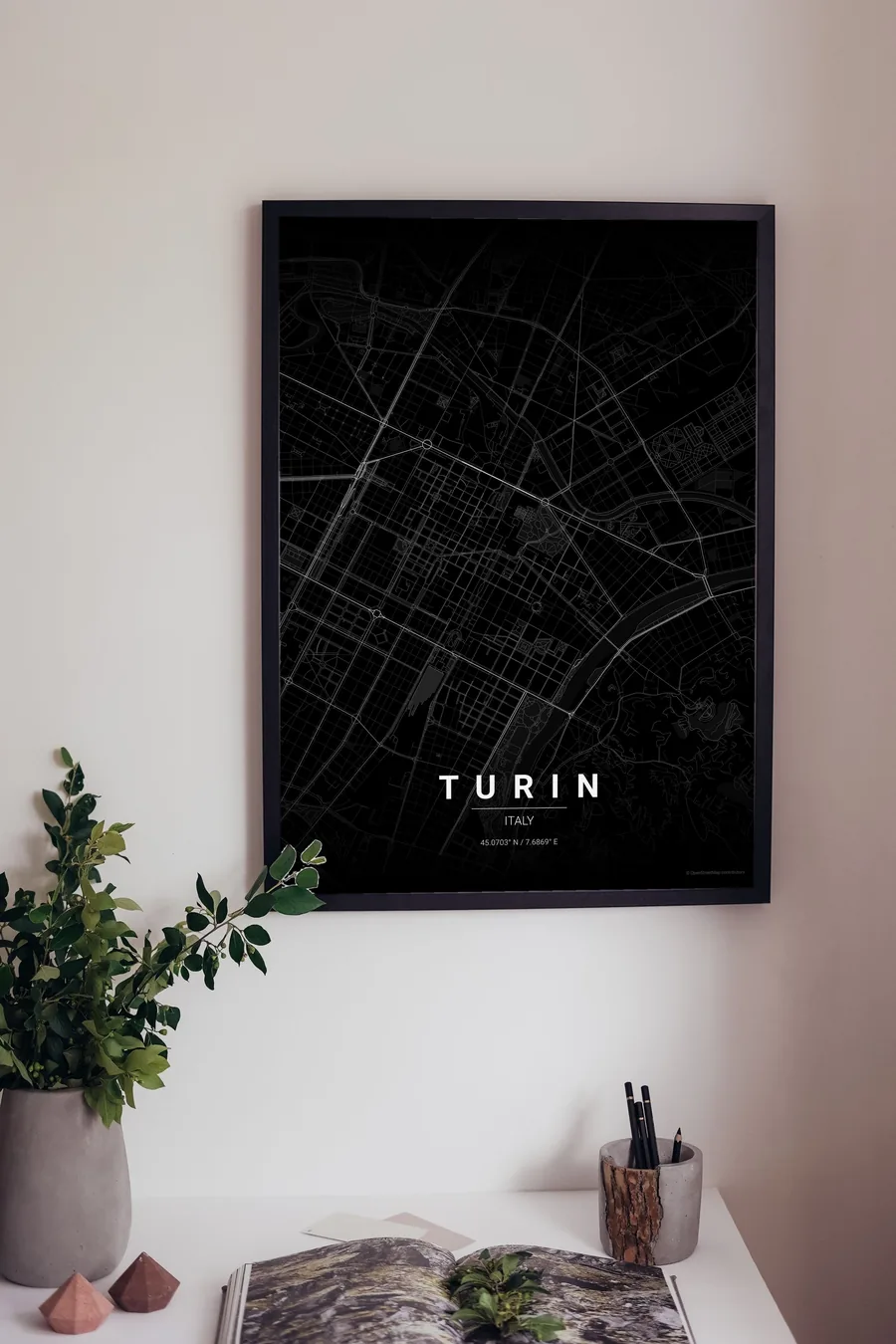 Turin map poster framed on a living-room wall