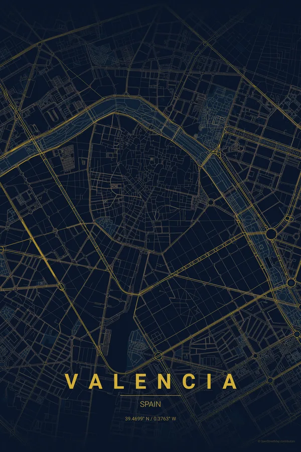 Valencia map poster in the Midnight Blue theme