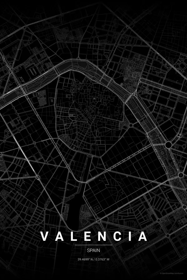 Valencia map poster in the Noir theme