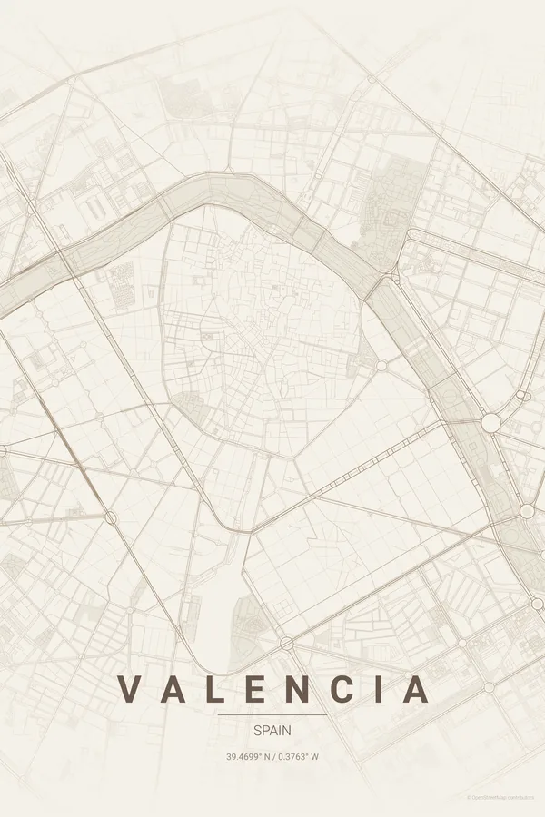 Valencia map poster in the Warm Beige theme