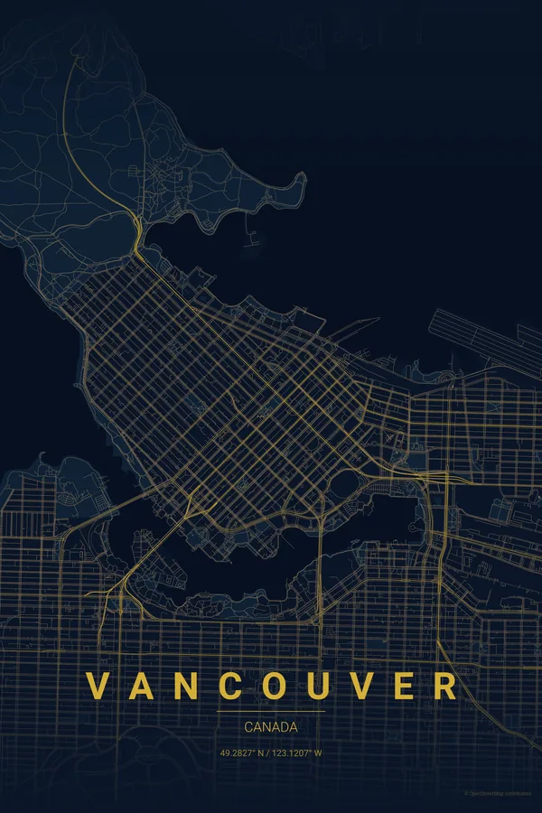 Vancouver map poster in the Midnight Blue theme