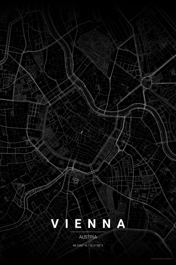 Vienna map poster in the Noir theme