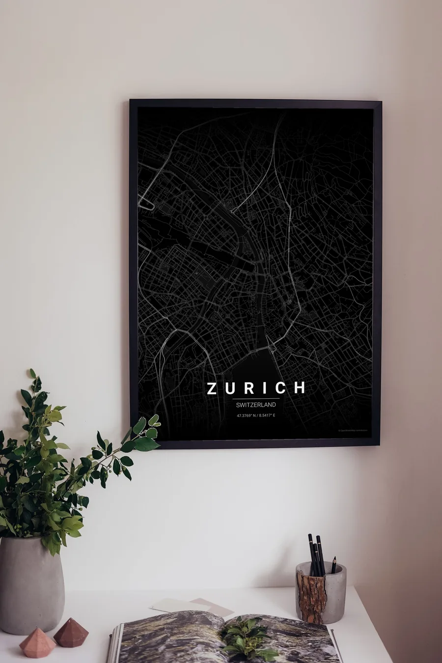 Zurich map poster framed on a living-room wall