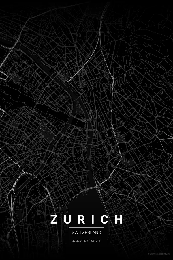 Zurich map poster in the Noir palette