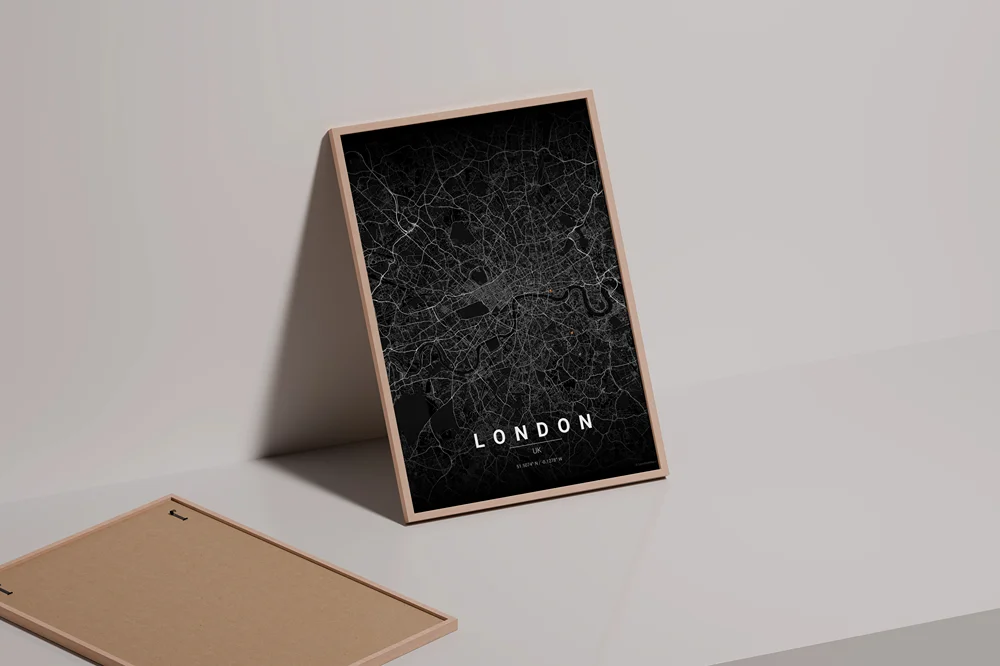Map poster displayed in a modern living room